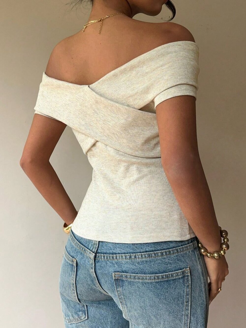 Apricot Casual Women's Slim Fit Off-Shoulder Wrap Short Sleeve T-Shirt - Picture 2 of 6